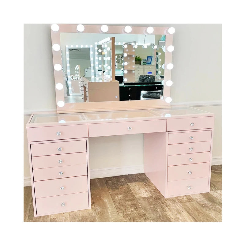 Hot Selling Dressing Table Set With LED Light Mirror And Power Socket 14 Holly Wood Bulbs Illuminated Dressing Table