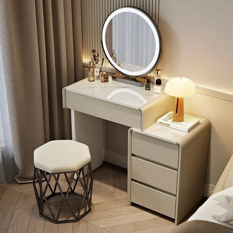 Modern European Luxury Design 60/70/80cm Dressing Table LED Mirror Cream Wooden Makeup Cabinet for Small Apartment Bedroom