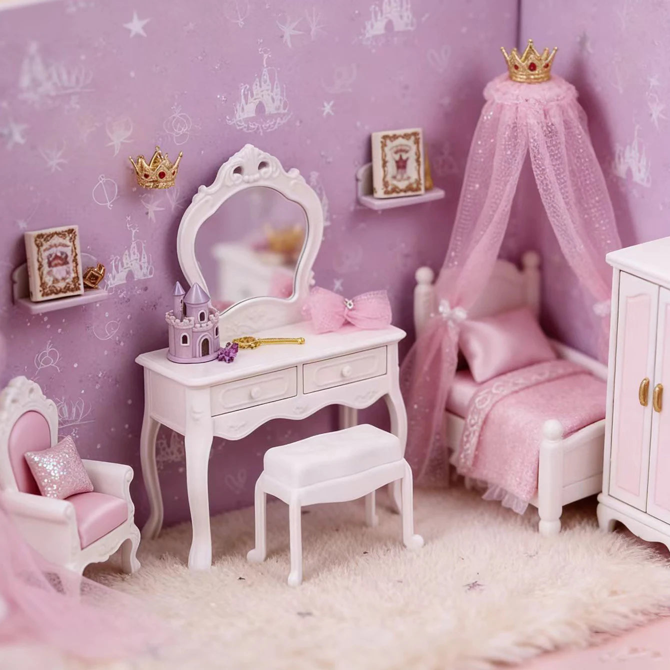 Dollhouse Dressing Table Set: Mini Furniture Bedroom Scene Accessories, Dressing Table Bedside Table Makeup Table