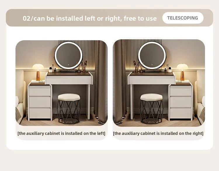 Modern European Luxury Design 60/70/80cm Dressing Table LED Mirror Cream Wooden Makeup Cabinet for Small Apartment Bedroom