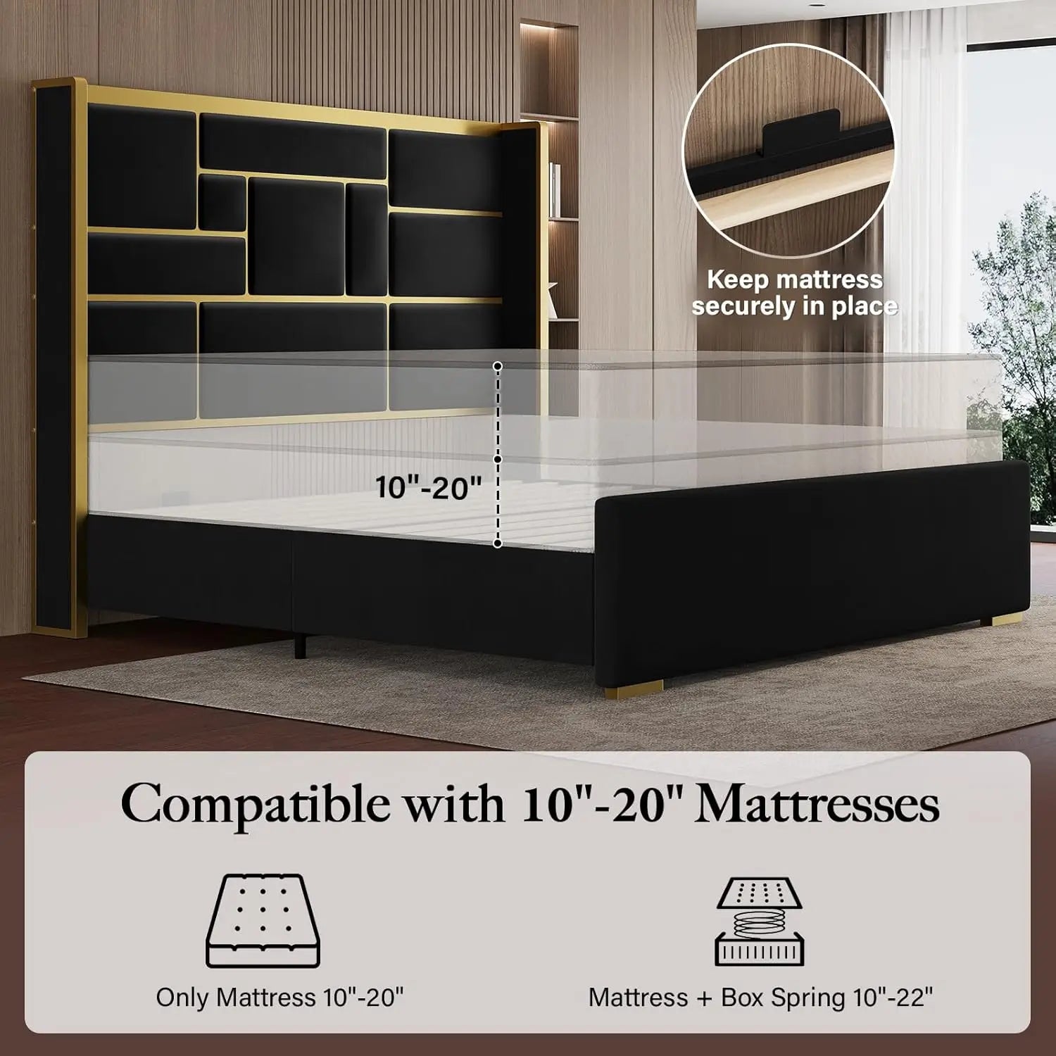 Bed Frame with 55.12" Tall Headboard, Modern Luxury Velvet Upholstered Platform Bed with Gold Trim, Wide Wingback, Custom