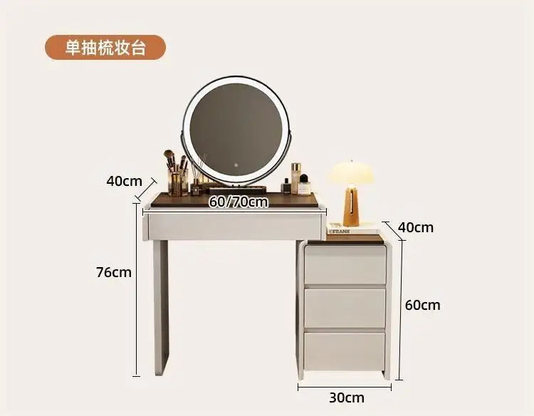 Modern European Luxury Design 60/70/80cm Dressing Table LED Mirror Cream Wooden Makeup Cabinet for Small Apartment Bedroom
