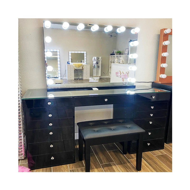 Hot Selling Dressing Table Set With LED Light Mirror And Power Socket 14 Holly Wood Bulbs Illuminated Dressing Table