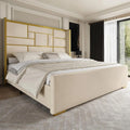 Bed Frame with 55.12" Tall Headboard, Modern Luxury Velvet Upholstered Platform Bed with Gold Trim, Wide Wingback, Custom