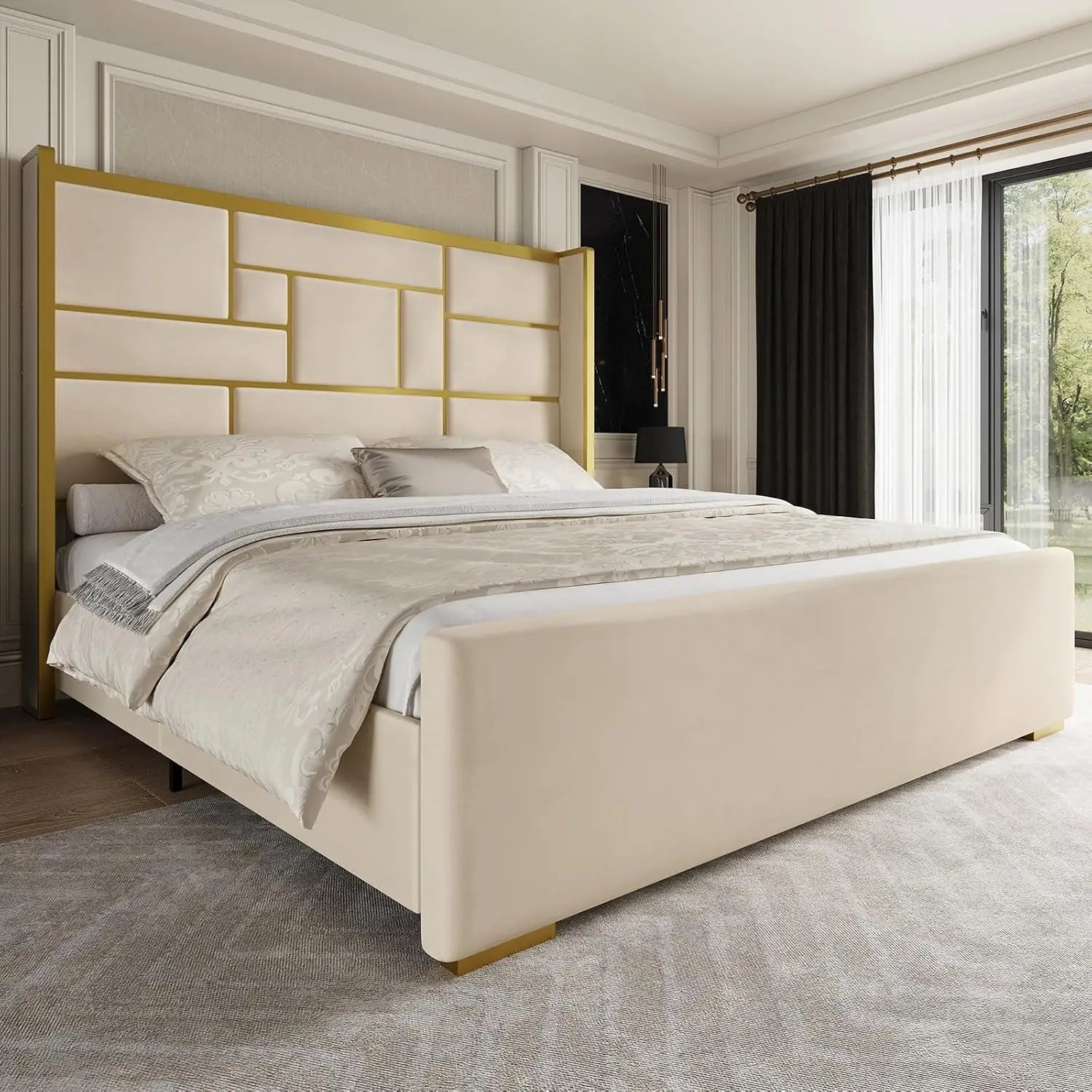 Bed Frame with 55.12" Tall Headboard, Modern Luxury Velvet Upholstered Platform Bed with Gold Trim, Wide Wingback, Custom
