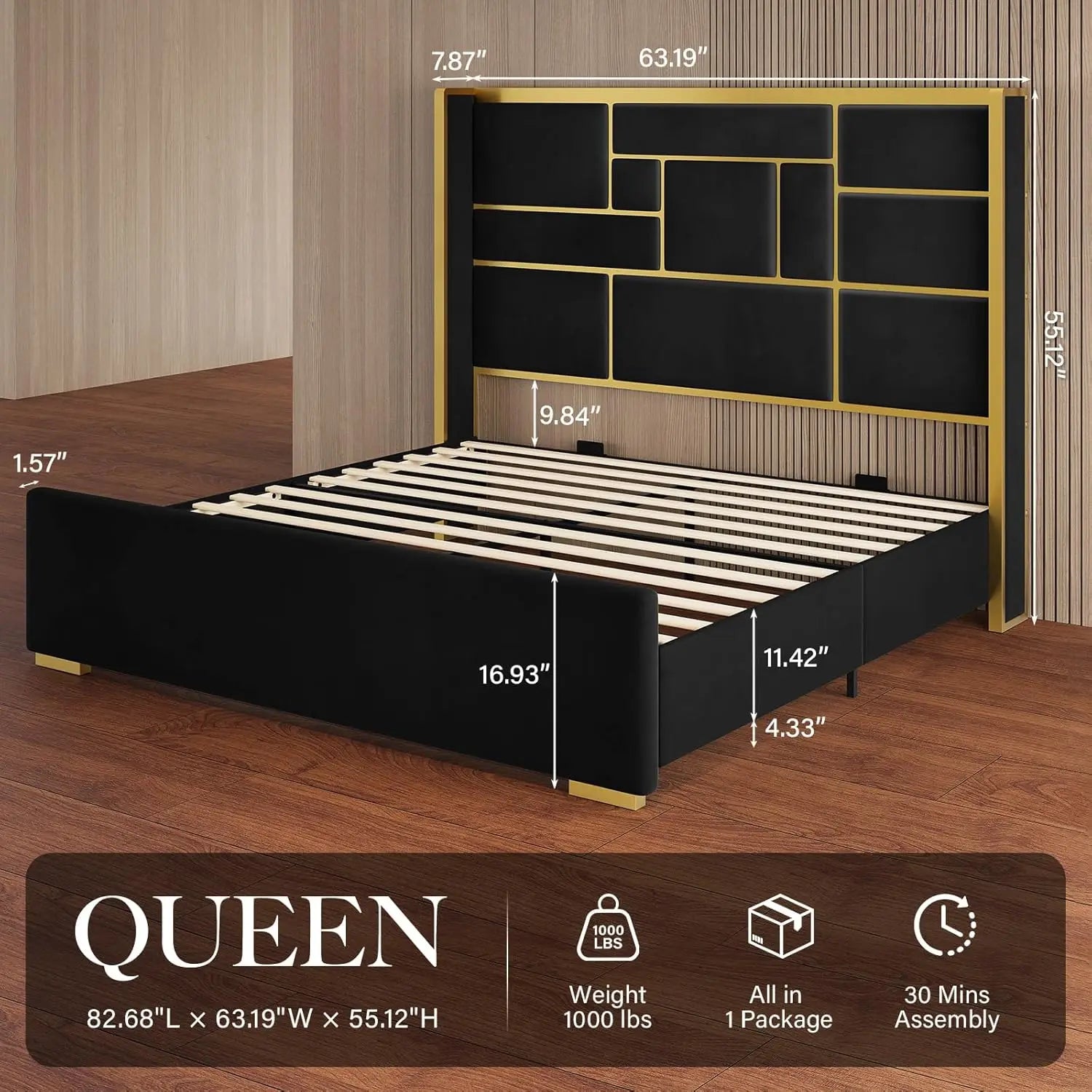 Bed Frame with 55.12" Tall Headboard, Modern Luxury Velvet Upholstered Platform Bed with Gold Trim, Wide Wingback, Custom