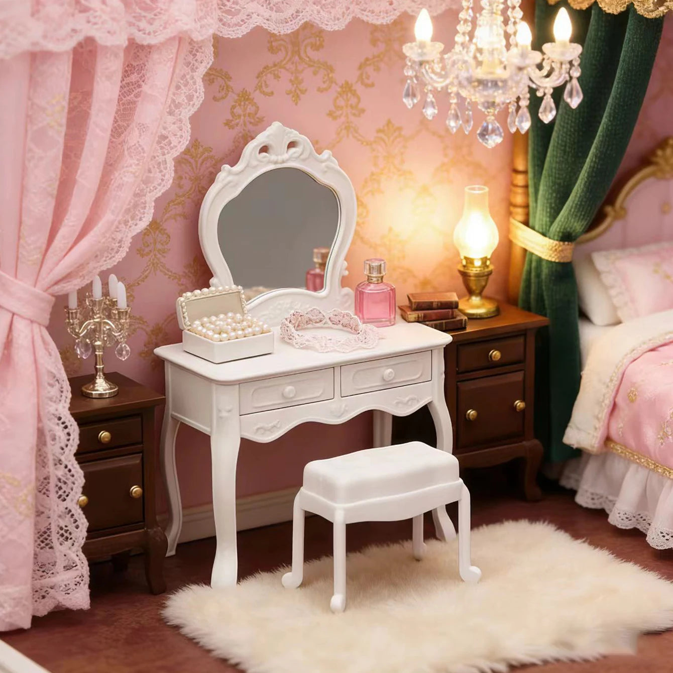 Dollhouse Dressing Table Set: Mini Furniture Bedroom Scene Accessories, Dressing Table Bedside Table Makeup Table