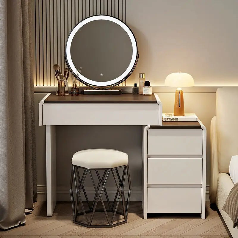 Modern European Luxury Design 60/70/80cm Dressing Table LED Mirror Cream Wooden Makeup Cabinet for Small Apartment Bedroom