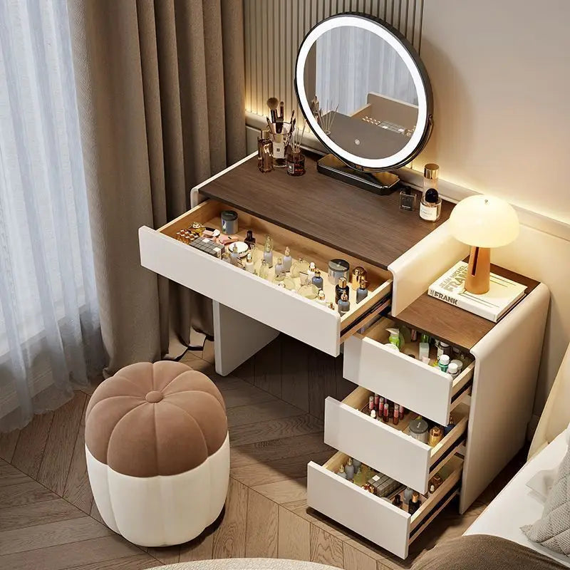 Modern European Luxury Design 60/70/80cm Dressing Table LED Mirror Cream Wooden Makeup Cabinet for Small Apartment Bedroom