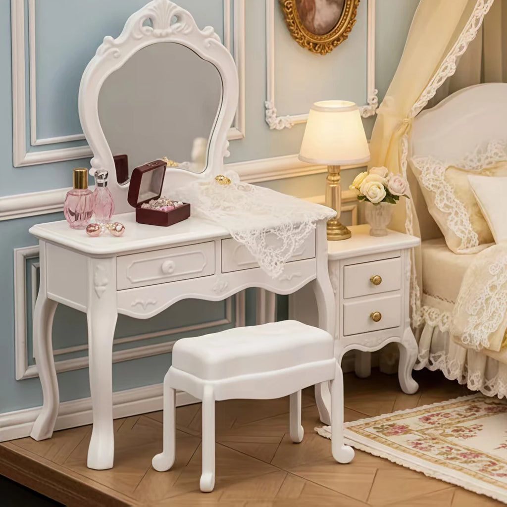 Dollhouse Dressing Table Set: Mini Furniture Bedroom Scene Accessories, Dressing Table Bedside Table Makeup Table