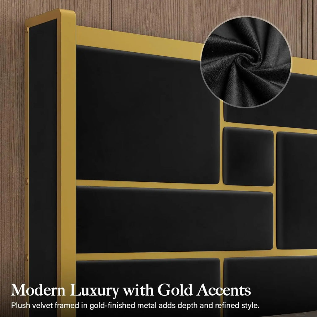 Bed Frame with 55.12" Tall Headboard, Modern Luxury Velvet Upholstered Platform Bed with Gold Trim, Wide Wingback, Custom