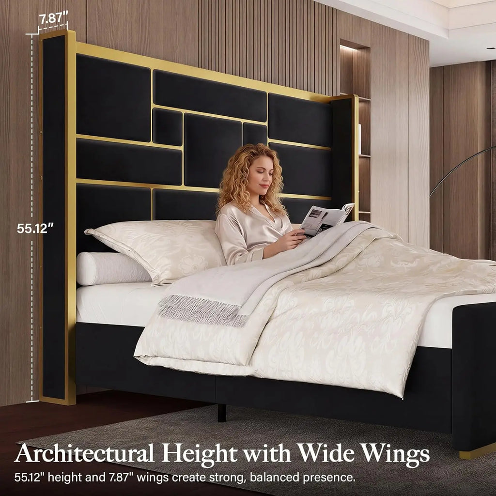 Bed Frame with 55.12" Tall Headboard, Modern Luxury Velvet Upholstered Platform Bed with Gold Trim, Wide Wingback, Custom