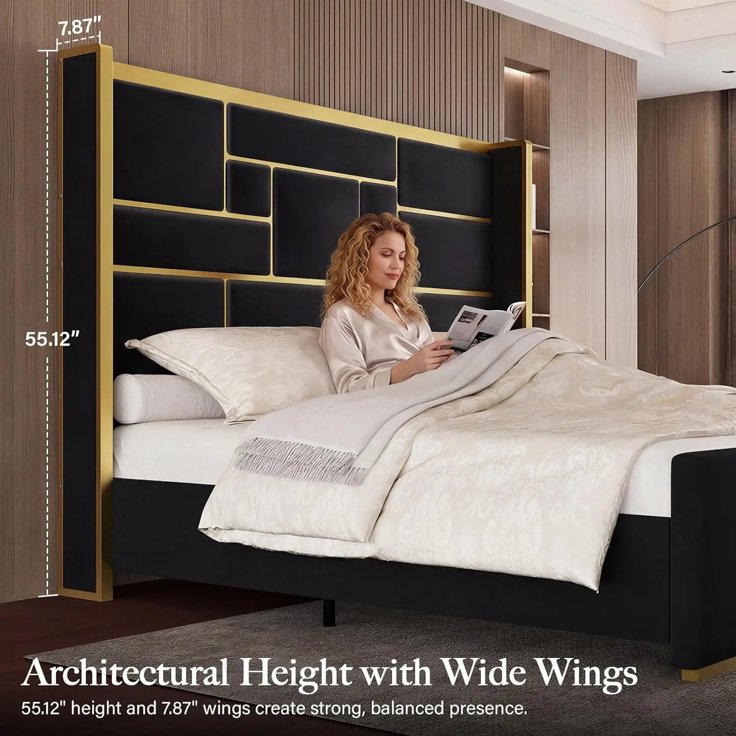 Bed Frame with 55.12" Tall Headboard, Modern Luxury Velvet Upholstered Platform Bed with Gold Trim, Wide Wingback, Custom