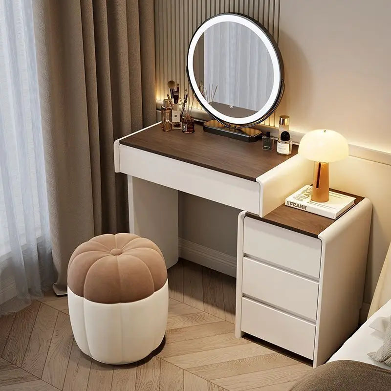 Modern European Luxury Design 60/70/80cm Dressing Table LED Mirror Cream Wooden Makeup Cabinet for Small Apartment Bedroom