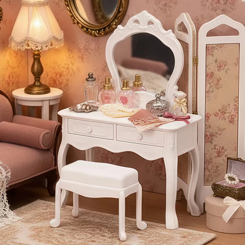 Dollhouse Dressing Table Set: Mini Furniture Bedroom Scene Accessories, Dressing Table Bedside Table Makeup Table