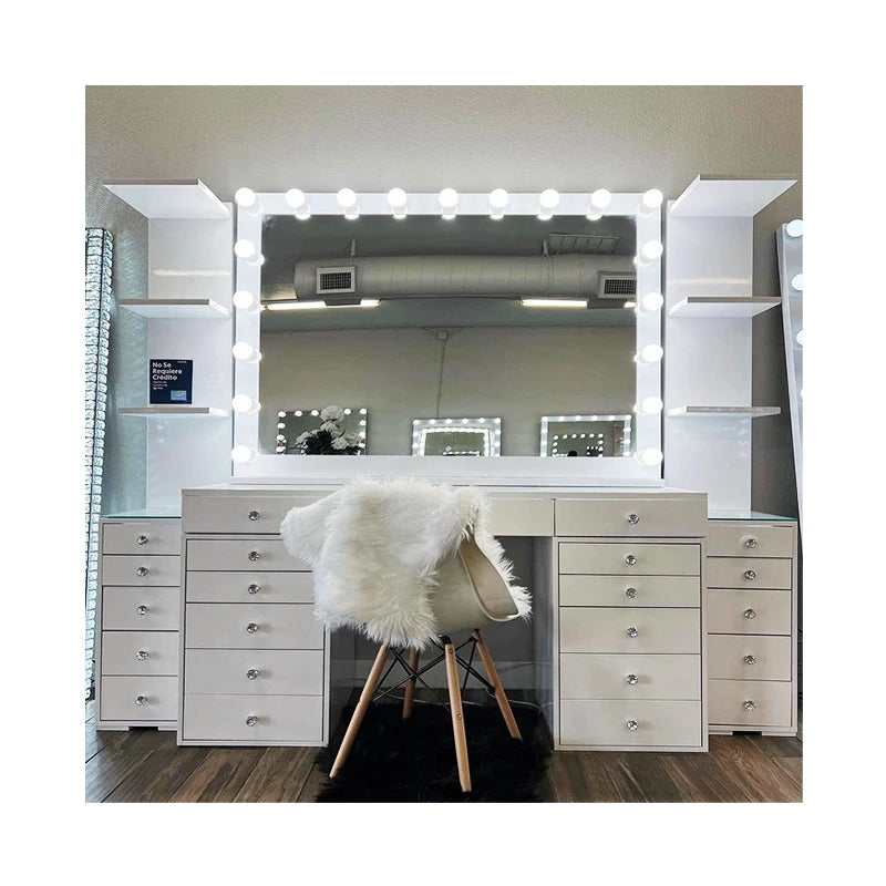 Hot Selling Dressing Table Set With LED Light Mirror And Power Socket 14 Holly Wood Bulbs Illuminated Dressing Table