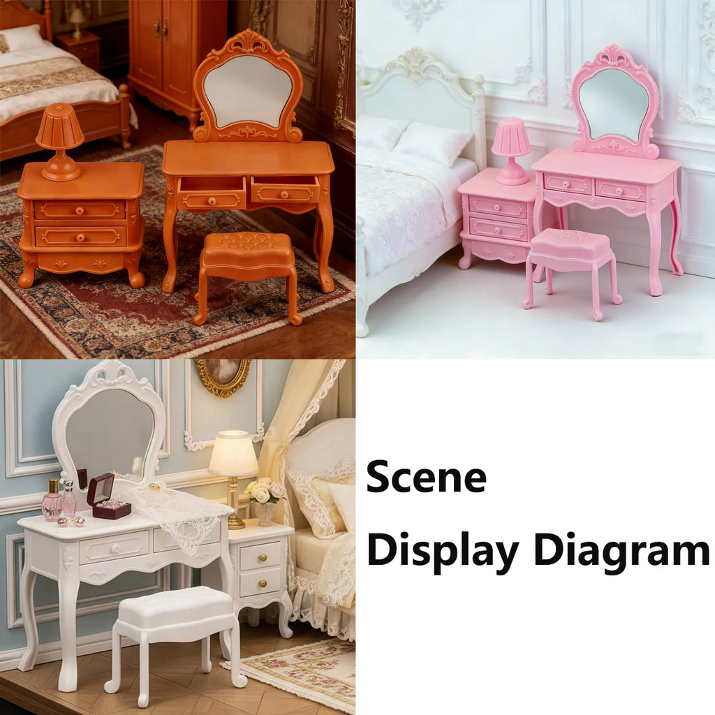 Dollhouse Dressing Table Set: Mini Furniture Bedroom Scene Accessories, Dressing Table Bedside Table Makeup Table