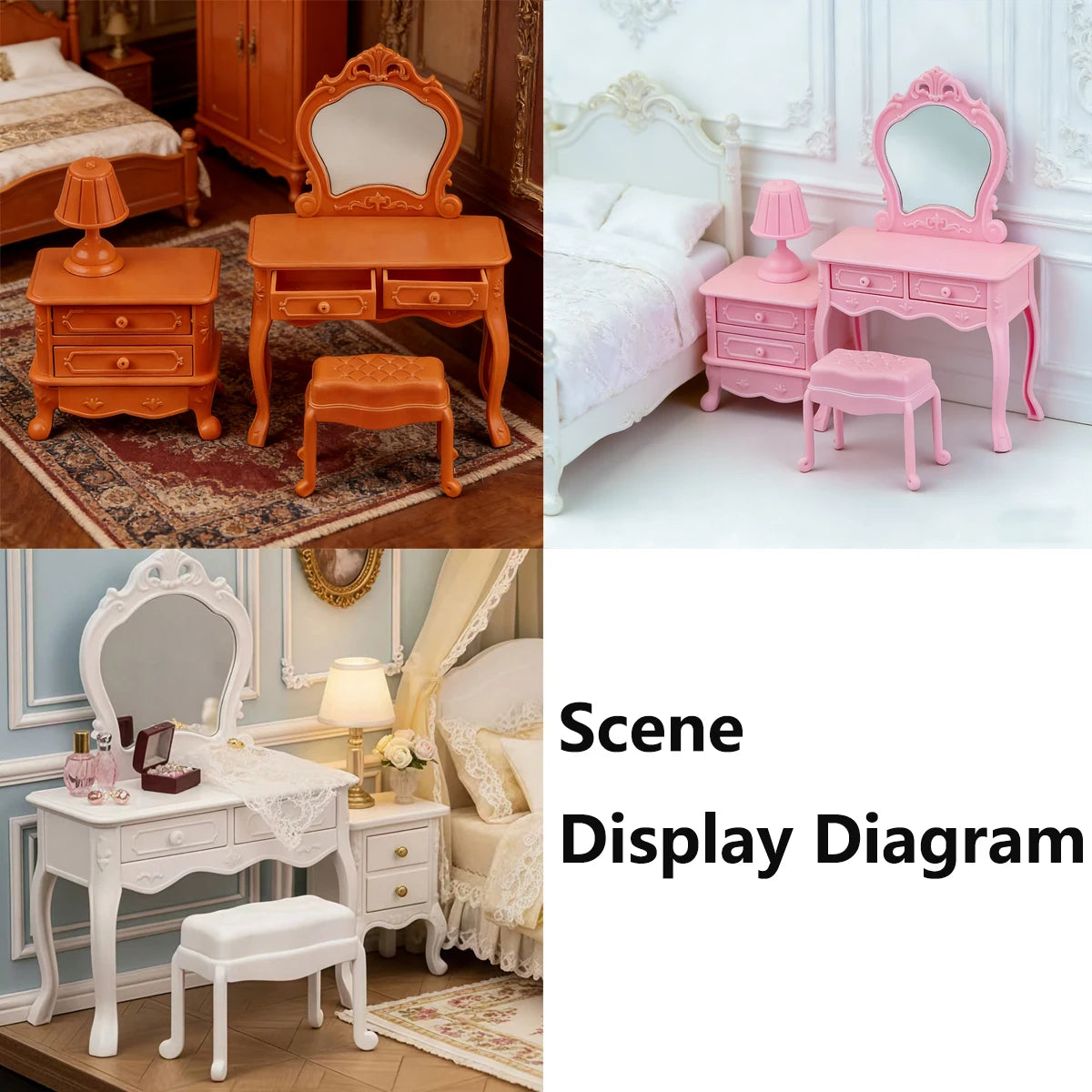 Dollhouse Dressing Table Set: Mini Furniture Bedroom Scene Accessories, Dressing Table Bedside Table Makeup Table