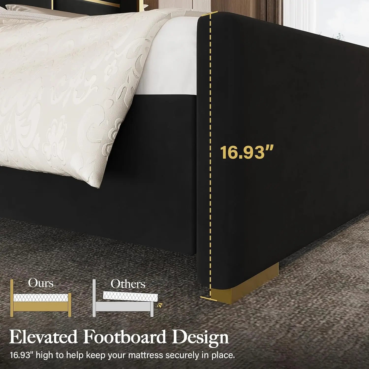 Bed Frame with 55.12" Tall Headboard, Modern Luxury Velvet Upholstered Platform Bed with Gold Trim, Wide Wingback, Custom
